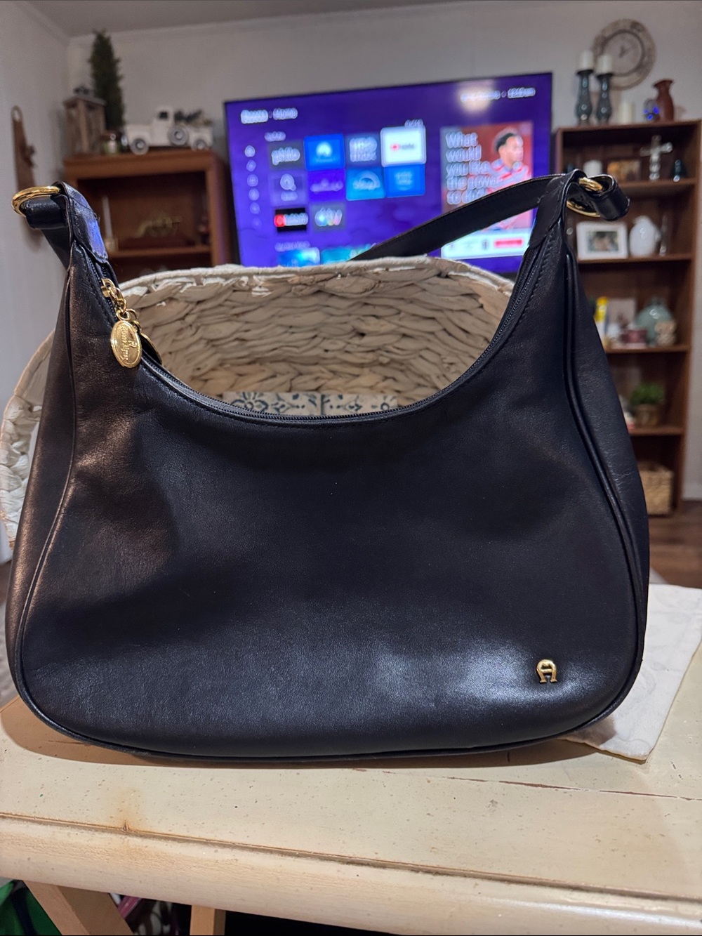 Etienne Aigner Black Leather Shoulder Bag with Gold Accents